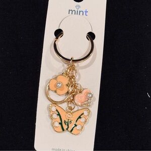 BAG CHARM Mint Peach Butterfly Heart Flower With Faux Pearl Accent Keychain
